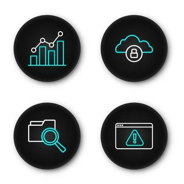 Set line Browser with exclamation mark, Search folder, Cloud computing lock.. Illustrazione stock