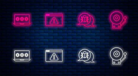 Set line Browser with exclamation mark, System bug, Laptop password and Rin.. 库存插图