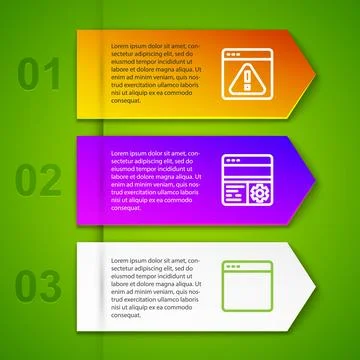 Set line Browser with exclamation mark, Debugging and window. Business info.. Stock Illustration
