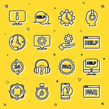 Set line Browser FAQ, Computer monitor and help, Time Management, Location with 스톡 일러스트