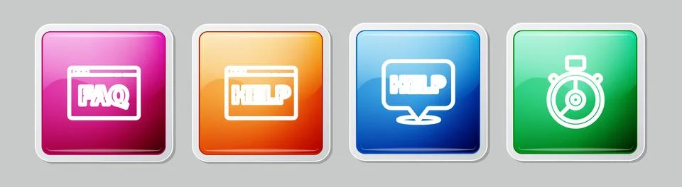 Set line Browser FAQ, help, Speech bubble with text Help and Stopwatch. Colorful Illustration
