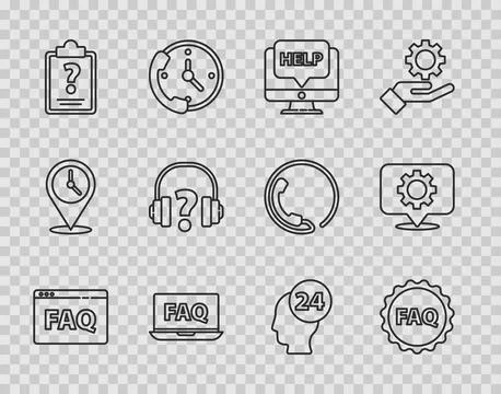 Set line Browser FAQ, Label with text, Computer monitor and help, Laptop, Cli 스톡 일러스트