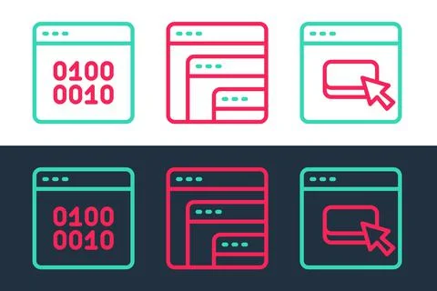 Set line Browser files, Binary code and Software icon. Vector Stock Illustration