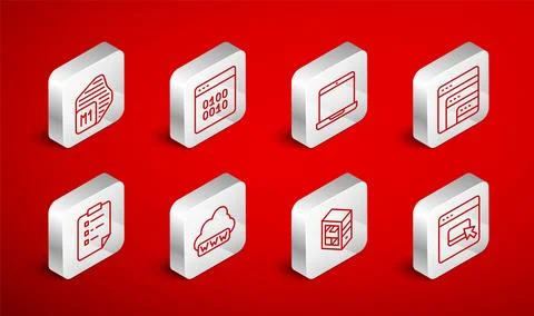 Set line Browser files, Binary code, Laptop, Software, Computer, Processor, Web Stock Illustration