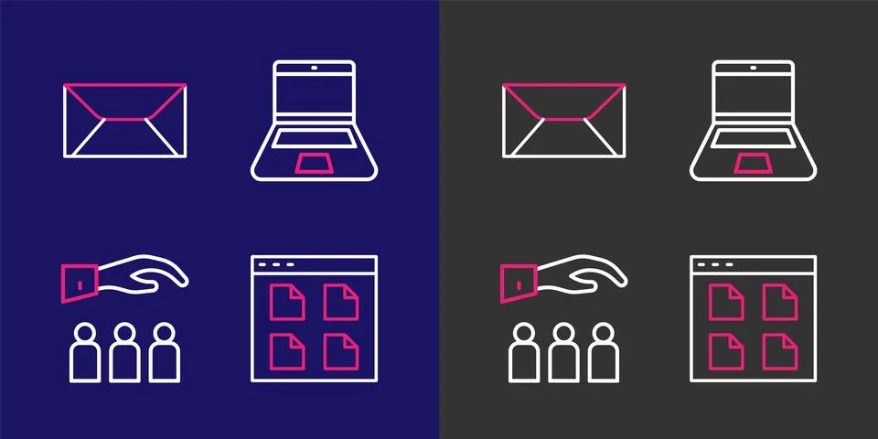 Set line Browser files, Boss with employee, Laptop and Envelope icon. Vector Stock Illustration