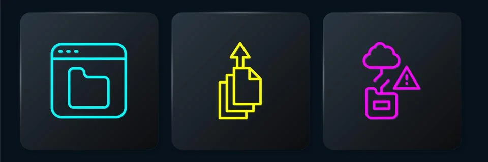 Set line Browser files, Cloud technology data transfer and Data export. Black Stock Illustration