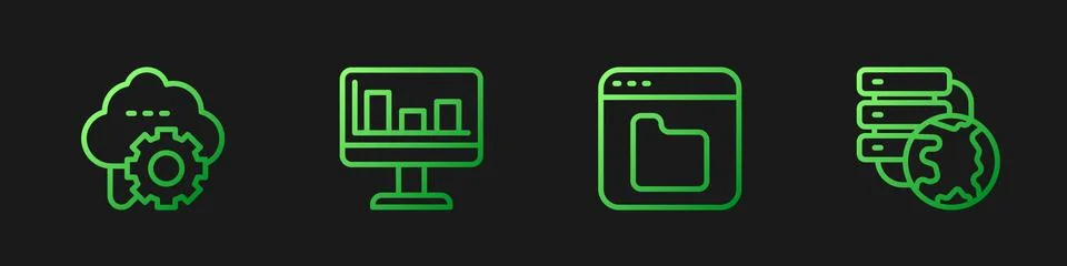 Set line Browser files, Cloud technology data transfer, Monitor with graph chart Illustrazione stock