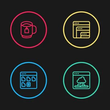 Set line Browser files, Cloud technology data transfer, Software and Cup tea Illustrazione stock