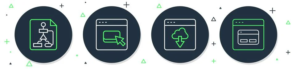 Set line Browser files, Cloud technology data transfer, Flowchart and Search  Stock Illustration