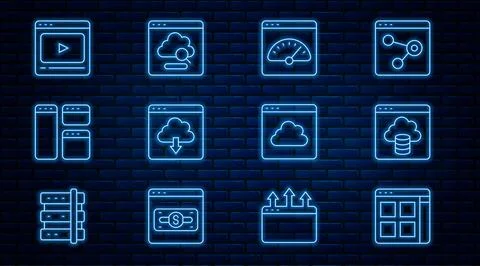 Set line Browser files, Cloud technology data transfer, Digital speed meter,  Stock Illustration