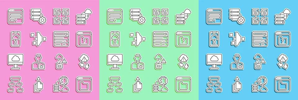 Set line Browser files, Cloud hacking, File missing, Hierarchy organogram chart Stock Illustration