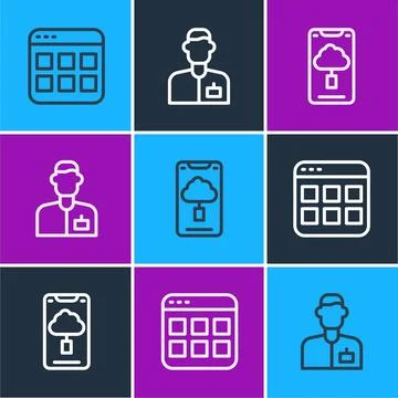 Set line Browser files, Cloud technology data transfer and Analyst engineer icon Illustrazione stock