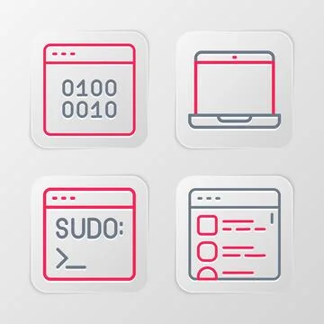 Set line Browser files, Code terminal, Laptop and Binary code icon. Vector Stock Illustration