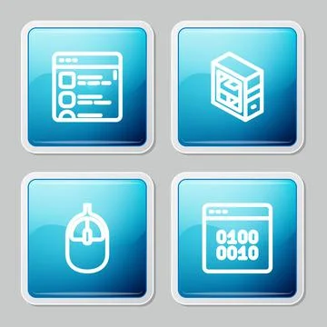 Set line Browser files, Computer, mouse and Binary code icon. Vector Stock Illustration