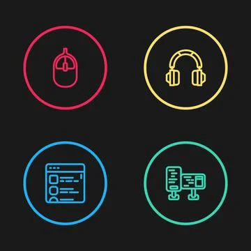 Set line Browser files, Computer monitor screen, Headphones and mouse icon 스톡 일러스트
