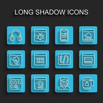 Set line Browser files, Create account screen, Headphones, Hacker or coder, Cup Stock Illustration