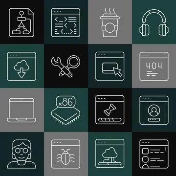 Set line Browser files, Create account screen, Page with 404 error, Coffee cup Stock Illustration