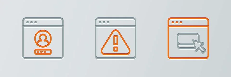 Set line Browser files, Create account screen and with exclamation mark icon 스톡 일러스트