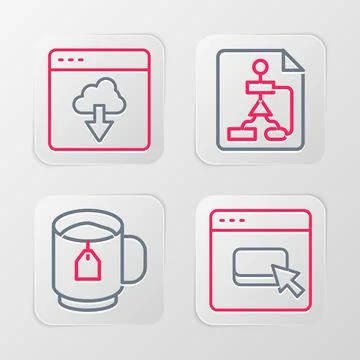 Set line Browser files, Cup of tea with tea bag, Flowchart and Cloud technology Stock Illustration