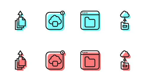 Set line Browser files, Data export, Cloud technology data transfer and icon Stock Illustration