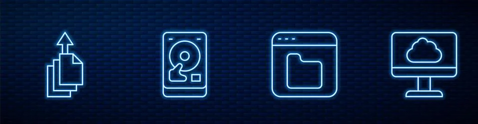 Set line Browser files, Data export, Hard disk drive HDD and Cloud technology Stock Illustration
