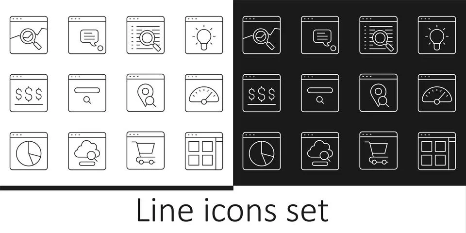 Set line Browser files, Digital speed meter, Search engine, Online shopping on Illustrazione stock