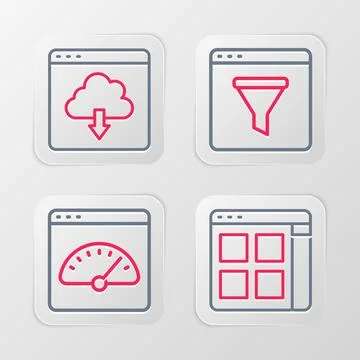 Set line Browser files, Digital speed meter, window and Cloud download icon.. イラスト素材