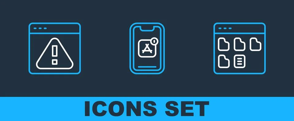 Set line Browser files, with exclamation mark and Mobile Apps icon. Vector Stock Illustration