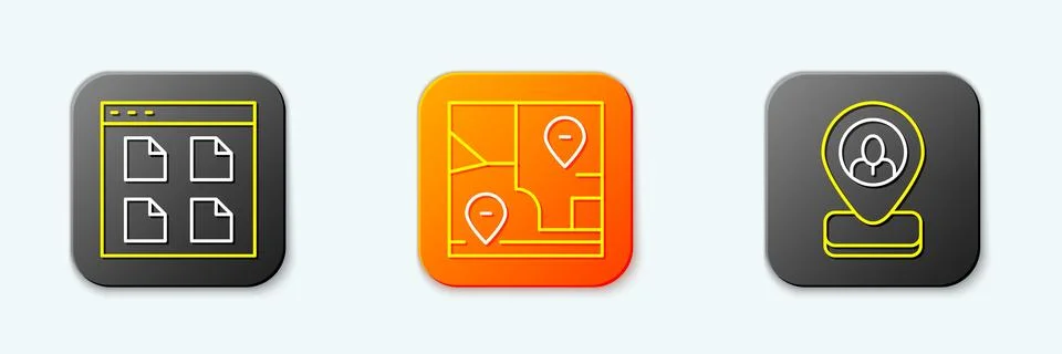 Set line Browser files, Folded map with location and Worker icon. Vector 스톡 일러스트