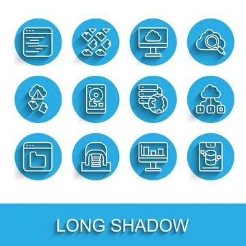 Set line Browser files, Hangar with servers, Software, Monitor graph chart Stockillustratie