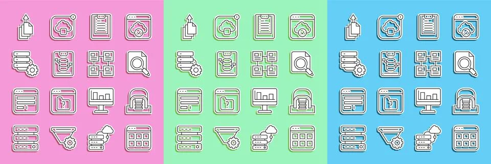 Set line Browser files, Hangar with servers, Search concept folder, Server, D Stock Illustration