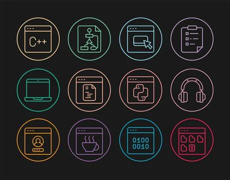Set line Browser files, Headphones, Software, Laptop, Python programming la.. Illustration