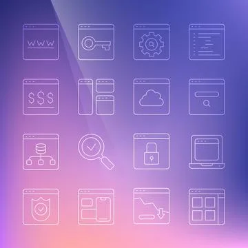 Set line Browser files, Laptop with browser window, Search engine, setting Stock Illustration