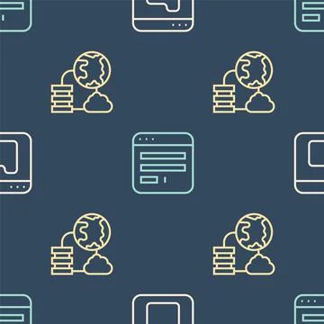 Set line Browser files, Network cloud connection and window on seamless patte Stock Illustration