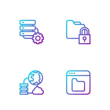 Set line Browser files, Network cloud connection, Server and gear and Folder  스톡 일러스트