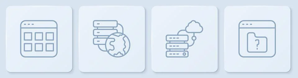 Set line Browser files, Network cloud connection, and File missing. White square Stock Illustration