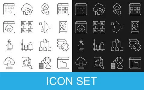 Set line Browser files, Network cloud connection, Hard disk drive HDD, Cloud  Illustrazione stock
