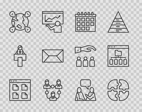 Set line Browser files, Piece of puzzle, Calendar, Project team base, Locat.. Illustrazione stock