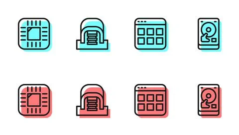 Set line Browser files, Processor with CPU, Hangar servers and Hard disk drive Stock Illustration