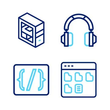 Set line Browser files, Programming language syntax, Headphones and Computer  Stock Illustration