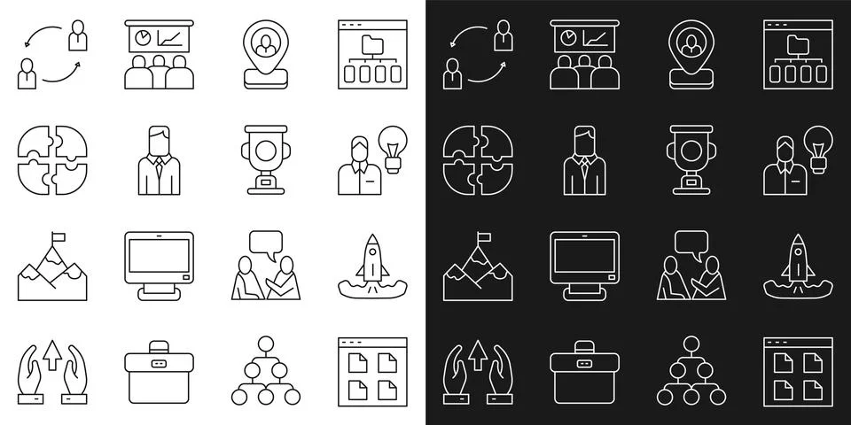 Set line Browser files, Rocket, Human with lamp bulb, Worker location, Piece of Stock Illustration