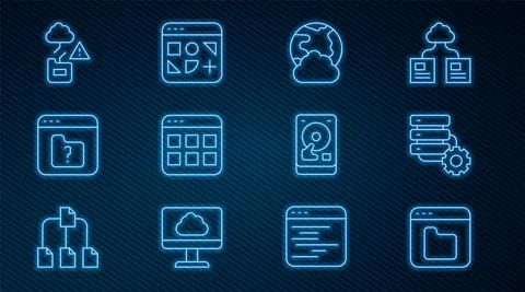 Set line Browser files, Server and gear, Social network, File missing, Cloud Illustrazione stock