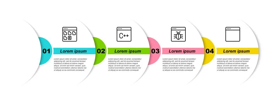 Set line Browser files, Software, System bug and window. Business infographic Illustrazione stock