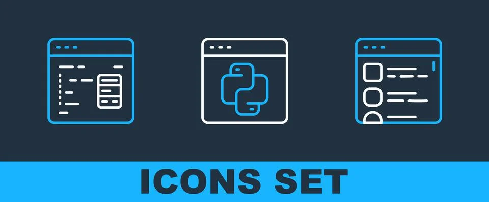 Set line Browser files, Software and Python programming language icon. Vector Stock Illustration