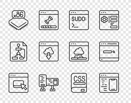 Set line Browser files, Software, Code terminal, Computer monitor screen Stock Illustration