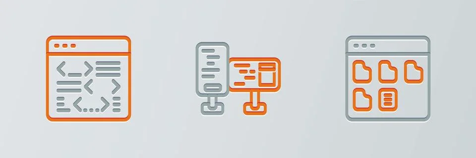 Set line Browser files, Software and Computer monitor screen icon. Vector Stock Illustration