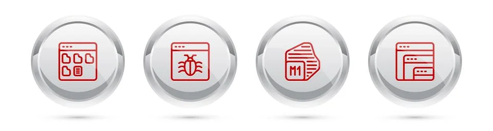 Set line Browser files, System bug, Processor and Software. Silver circle button Illustrazione stock