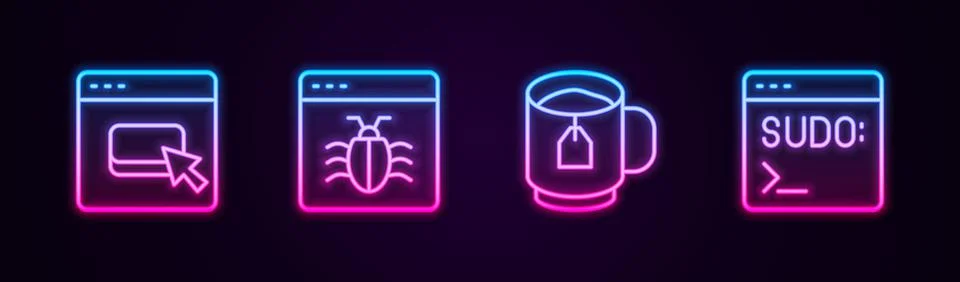 Set line Browser files, System bug, Cup of tea with tea bag and Code terminal Stock Illustration