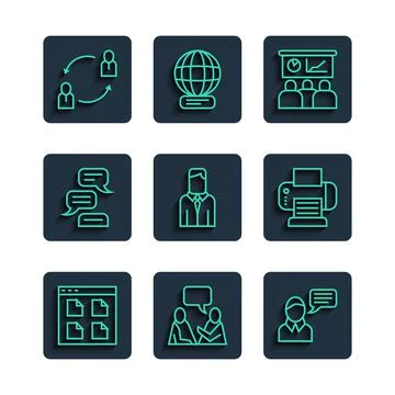 Set line Browser files, Two sitting men talking, Speech bubble chat, Training イラスト素材