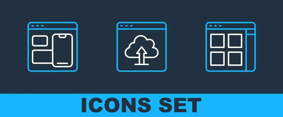 Set line Browser files, Web developer programming code and Cloud upload icon. イラスト素材